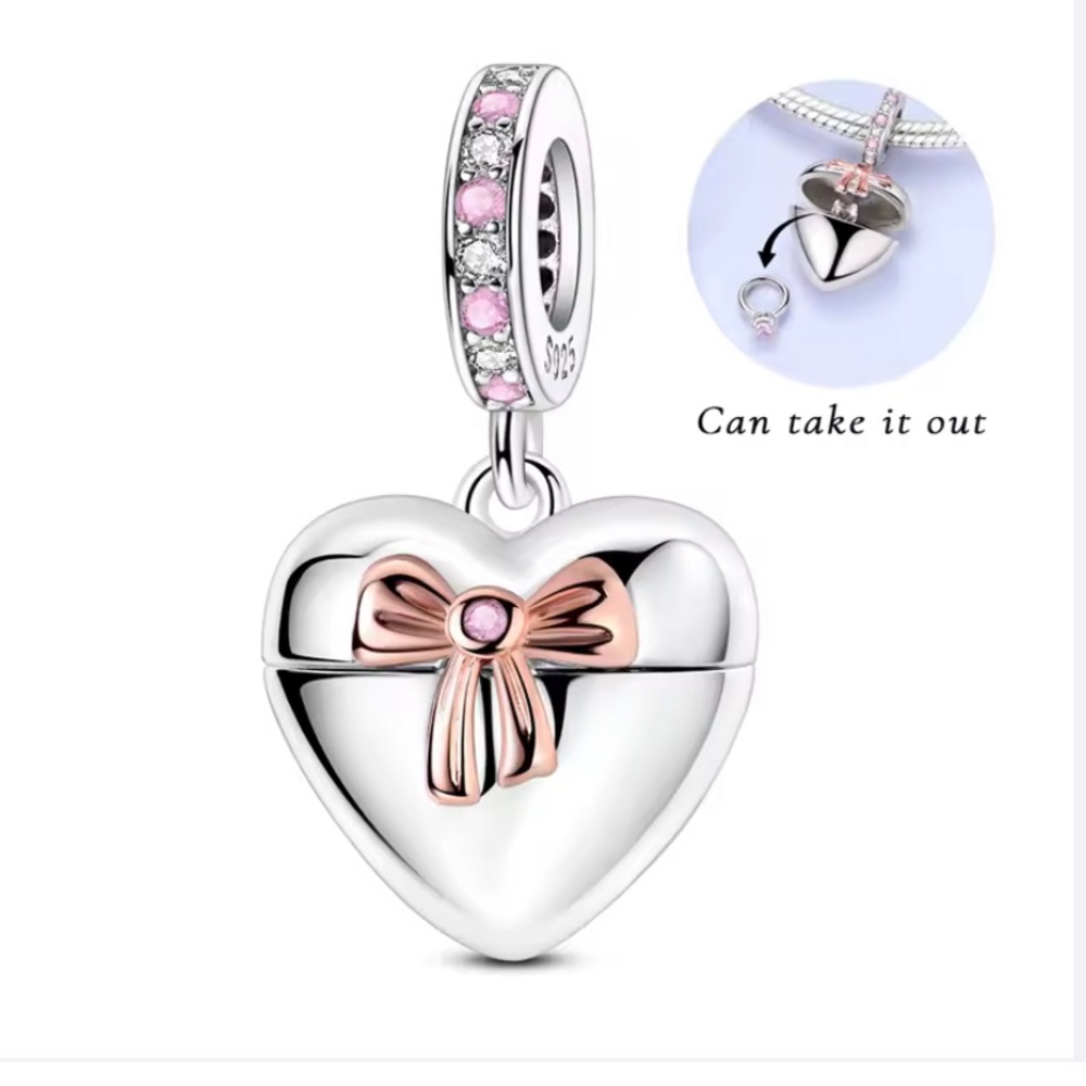 Sterling Silver Heart Locket Charm with Pink Bow Accent
